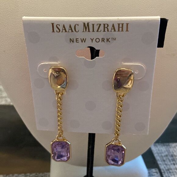 Isaac Mizrahi earrings NWT Gold chain with light purple stone - Picture 1 of 8
